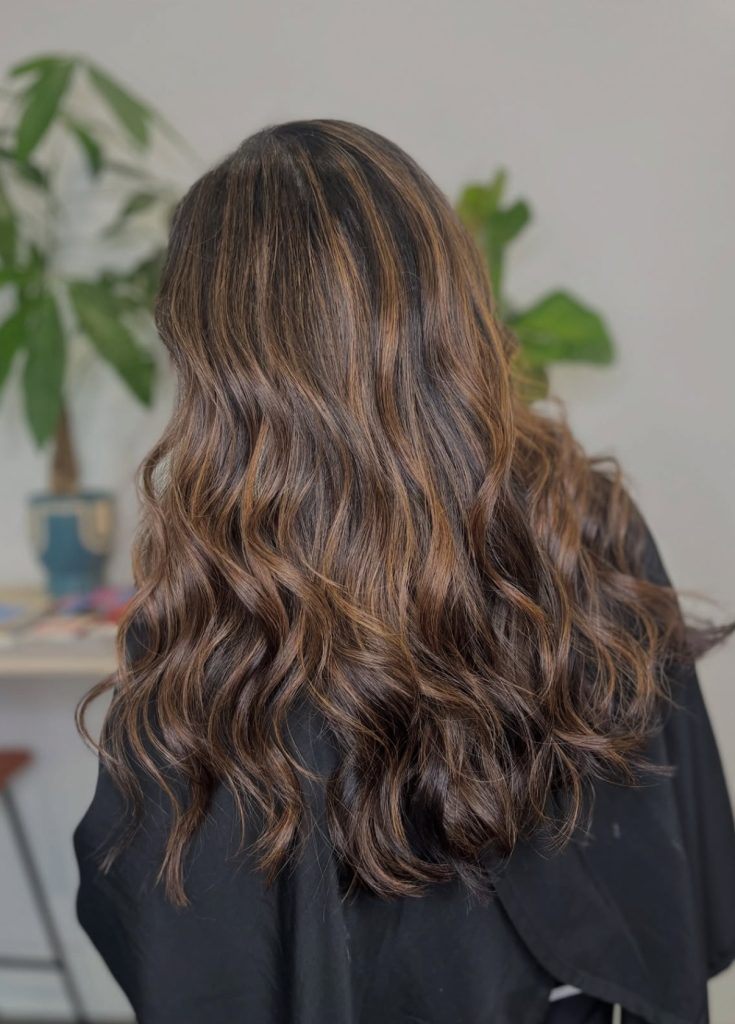 A person with long, wavy brown hair featuring lighter highlights, photographed from the back. A green plant is visible in the blurred background. - Atelier Studio, San Jose, CA